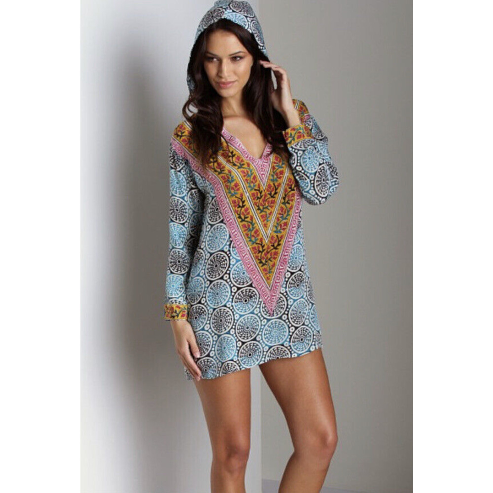 Tolani Katarina Women XS Tunic Blouse 100% Silk Printed Hooded Swim Cover‎ Up